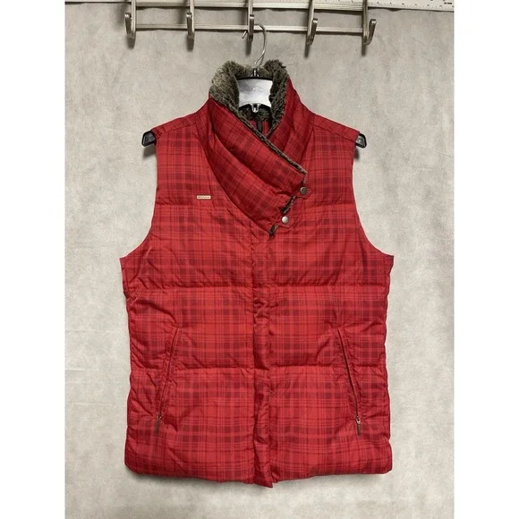 Columbia Vest Women L Red Plaid Down Puffer Faux Fur Full Zip Insulated Quilted - Picture 3 of 10